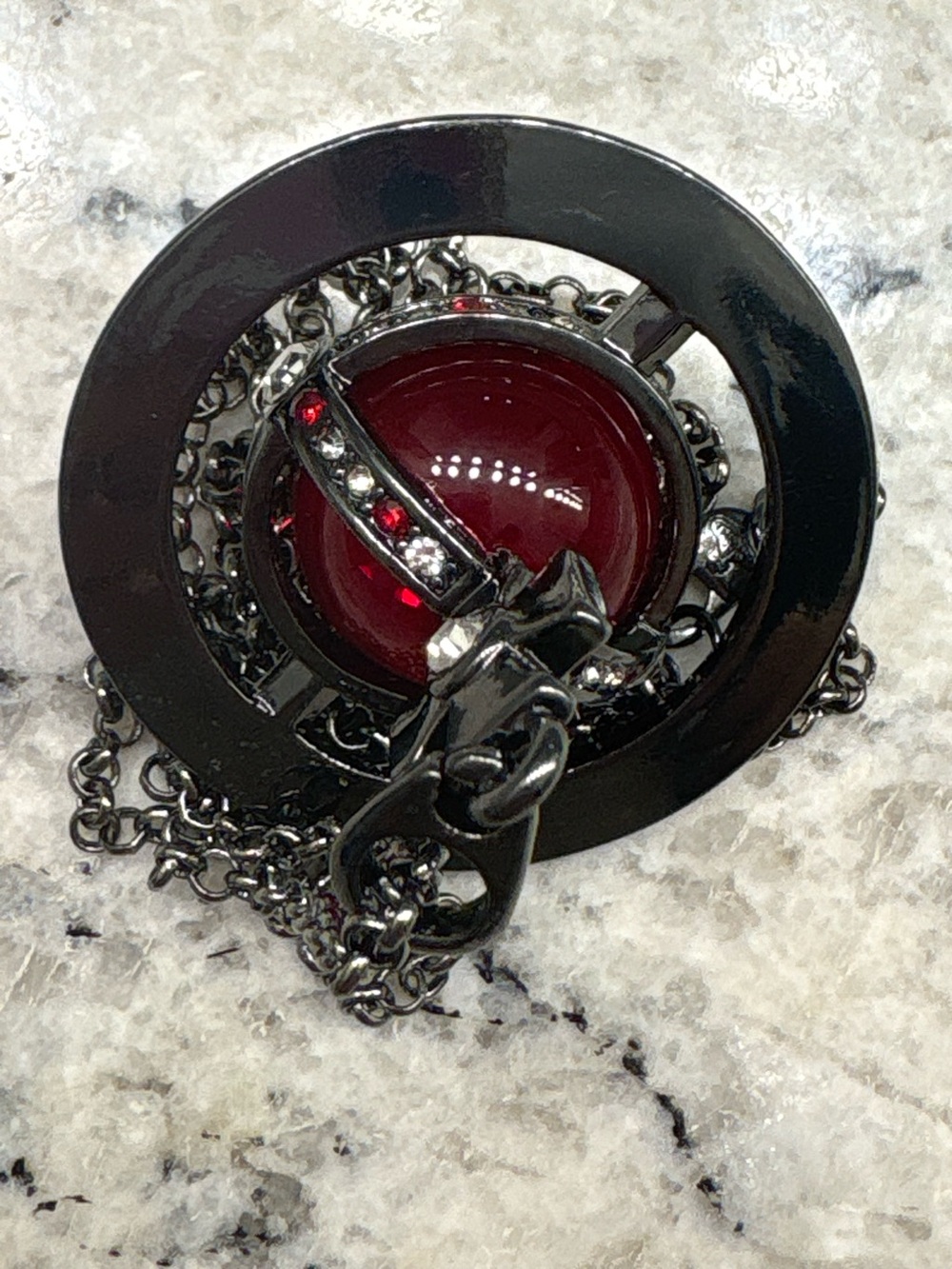 Gunmetal Pendant Necklace with Red Glass Orb